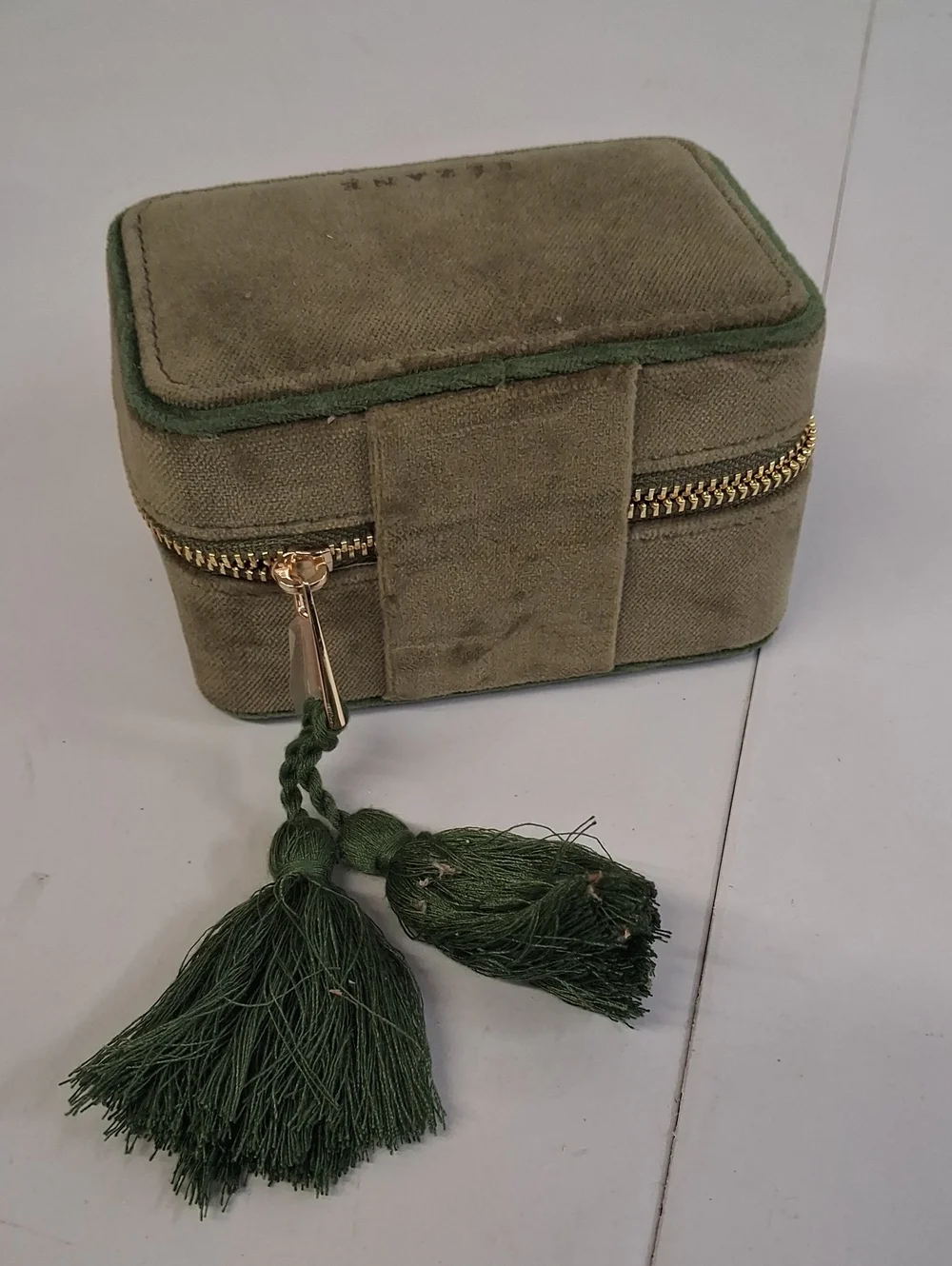 Sezane Olive Green Velvet Travel Jewelry Case with Tassel